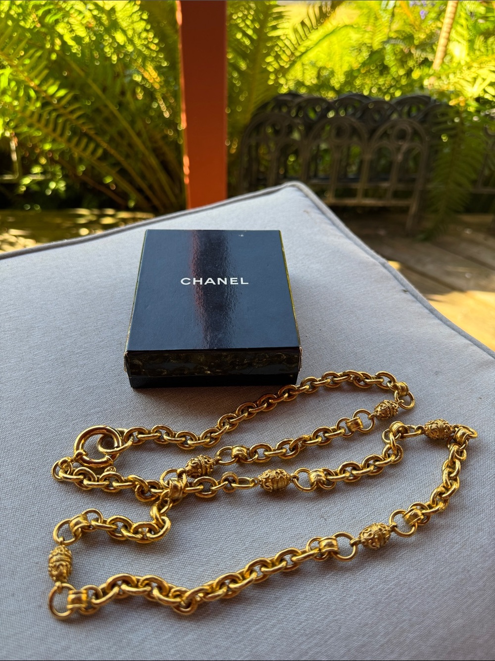 CHANEL Vintage Gold Link Chain Necklace with Textured Bead Accents
